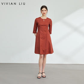 VIVIAN LIU薇薇安刘F2544101秋季女装新款水滴领七分袖过膝连衣裙