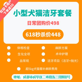 【618秒杀】小型犬猫超声波洁牙+抛光套餐 生化全项 血常规 呼吸麻醉