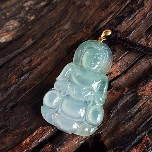 【天然正品】A货翡翠 AU750精品黄金镶天然细腻晴水冰种观音翡翠吊坠项链 050526NJS08 商品图4