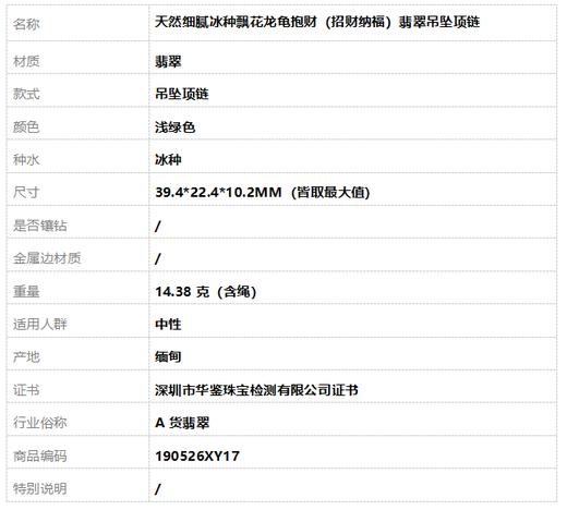 【天然正品】A货翡翠 天然细腻冰种飘花龙龟抱财（招财纳福）翡翠吊坠项链 190526XY17 商品图10