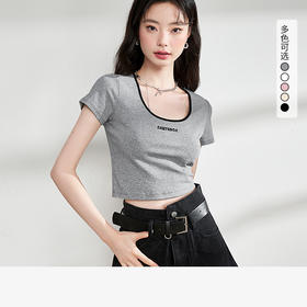 西遇韩系复古辣妹撞色夏t恤短袖女新款纯欲短款修身上衣女LCH39172