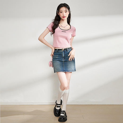 西遇韩系复古辣妹撞色夏t恤短袖女新款纯欲短款修身上衣女LCH39172 商品图2