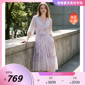 PALUOPO/PL飘逸垂坠法式温柔V领灯笼袖收腰连衣裙ES260550Z