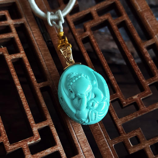 【天然正品】AU750黄金镶天然原矿高瓷高蓝无相佛绿松石吊坠项链200526XY18 商品图6