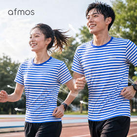 AFMOS 男女款超轻速干运动T恤跑步透气经典蓝白条海魂衫圆领短袖