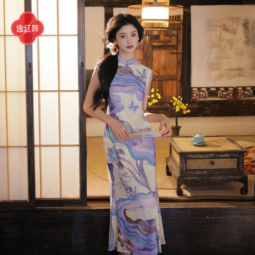 【多件多折】逸红颜《慕光》26年夏新手绘多彩仲夏夜之梦弹力网纱旗袍鱼尾裙女 商品图2