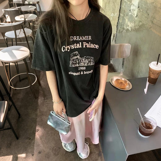 西遇水洗做旧短袖T恤女2026年夏季新款字母印花圆领宽松复古上衣SS060448 商品图3