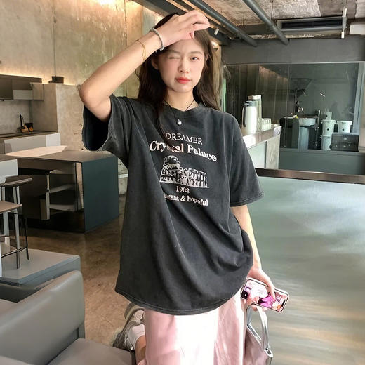 西遇水洗做旧短袖T恤女2026年夏季新款字母印花圆领宽松复古上衣SS060448 商品图0