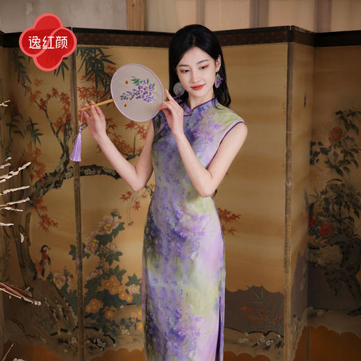 逸红颜《恣熏》2026年夏新款莫奈风紫调晕染印花高弹网纱旗袍裙女 商品图1
