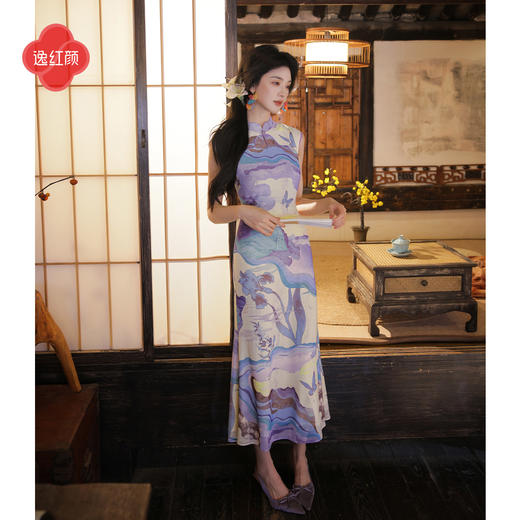 【多件多折】逸红颜《慕光》26年夏新手绘多彩仲夏夜之梦弹力网纱旗袍鱼尾裙女 商品图3