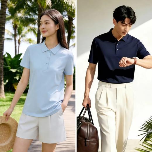 【高端品质】情侣款冰氧翻领POLO衫 高弹冰感速干面料  简约四合扣设计 无痕压胶工艺 基础百搭 7A抗jun 触感清凉 顺垂有质感 商品图4