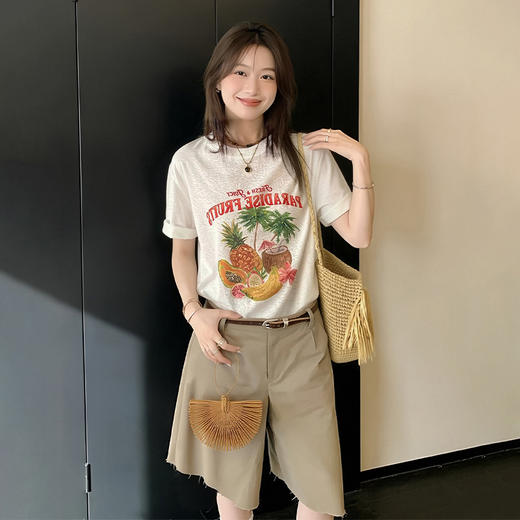 西遇韩系印花白色短袖T恤女2026年夏季新款圆领宽松显瘦百搭上衣SS060447 商品图4