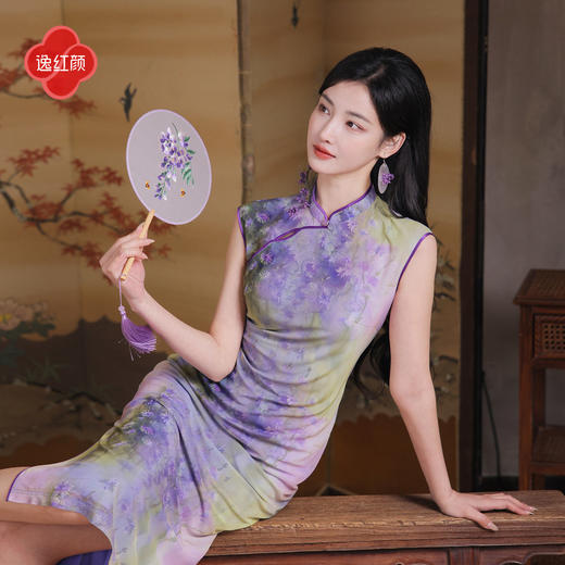 逸红颜《恣熏》2026年夏新款莫奈风紫调晕染印花高弹网纱旗袍裙女 商品图2