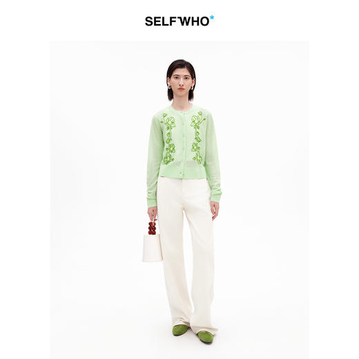 SELFWHO亚麻混纺复古绿绒蒿花型针织开衫女2026夏季新款正肩上衣 商品图4