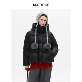 SELFWHO90白鸭绒黑色拼接连帽高领羽绒服女2025冬季新款保暖外套