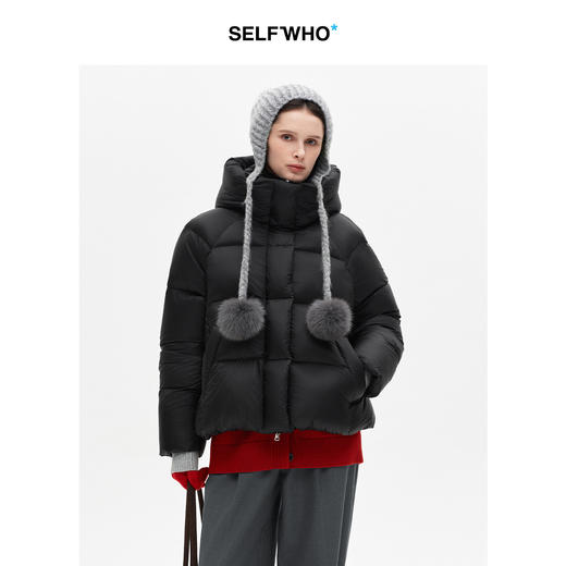 SELFWHO90白鸭绒黑色拼接连帽高领羽绒服女2025冬季新款保暖外套 商品图0