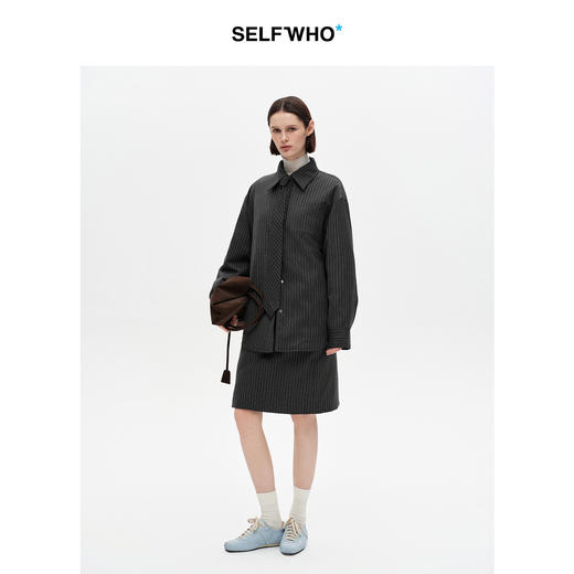 SELFWHO90白鸭绒灰色条纹领带羽绒服衬衫女2025冬季新款保暖外套 商品图1