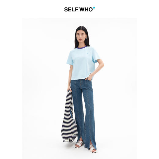 SELFWHO精梳棉撞色笑脸标短袖T恤女2026夏季新款宽松H型圆领上衣 商品图2