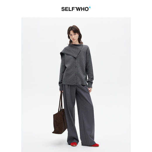 SELFWHO100%绵羊毛可拆卸围巾领毛衣女2026春新款宽松V领短针织衫 商品图2