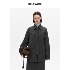 SELFWHO90白鸭绒灰色条纹领带羽绒服衬衫女2025冬季新款保暖外套
