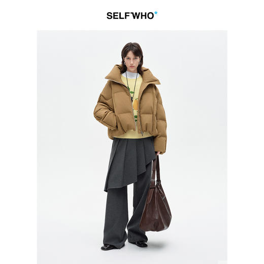 SELFWHO90白鸭绒拿铁咖高领羽绒服女2025冬季新款保暖茧型短外套 商品图1