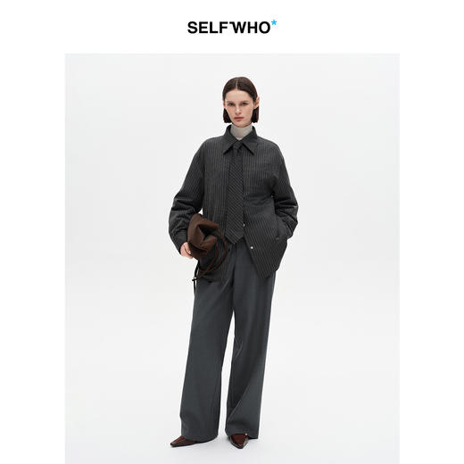 SELFWHO90白鸭绒灰色条纹领带羽绒服衬衫女2025冬季新款保暖外套 商品图2