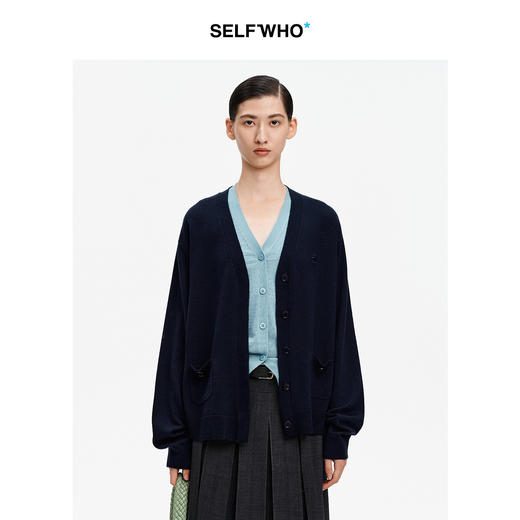 SELFWHO美丽诺羊毛混纺藏蓝色V领针织开衫女2026春季新款毛衣外套 商品图0