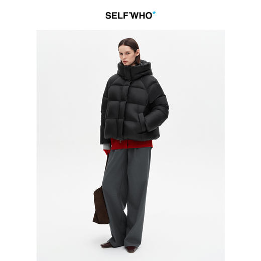 SELFWHO90白鸭绒黑色拼接连帽高领羽绒服女2025冬季新款保暖外套 商品图2
