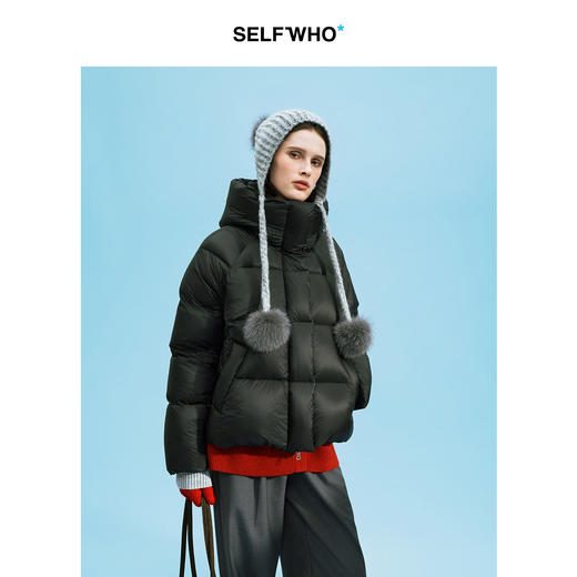 SELFWHO90白鸭绒黑色拼接连帽高领羽绒服女2025冬季新款保暖外套 商品图3