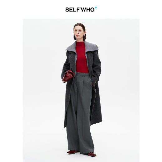 SELFWHO100%绵羊毛撞色毛织翻领双面呢外套女2025冬新款长款大衣 商品图2