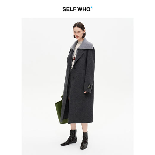 SELFWHO100%绵羊毛撞色毛织翻领双面呢外套女2025冬新款长款大衣 商品图1