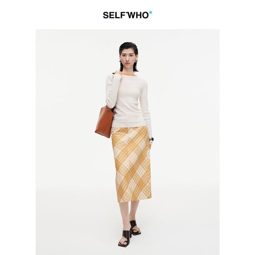 SELFWHO羊毛天丝混纺撞色打底衫女2026夏季新款正肩修身针织上衣 商品图1