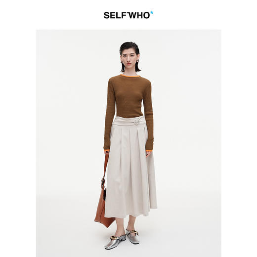 SELFWHO羊毛天丝混纺撞色打底衫女2026夏季新款正肩修身针织上衣 商品图2