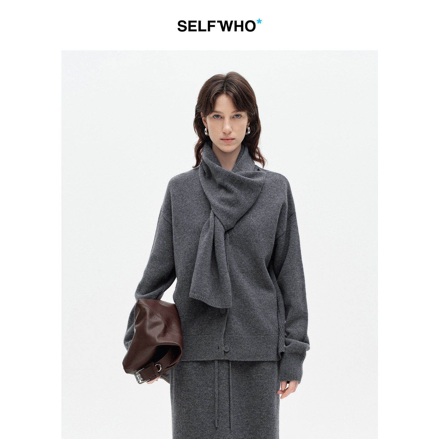 SELFWHO100%绵羊毛可拆卸围巾领毛衣女2026春新款宽松V领短针织衫