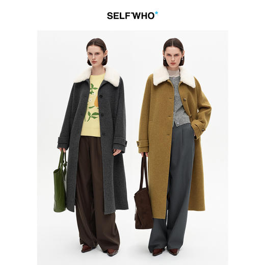 SELFWHO100%绵羊毛毛织翻领双面呢外套女2025冬新款宽松长款大衣 商品图1