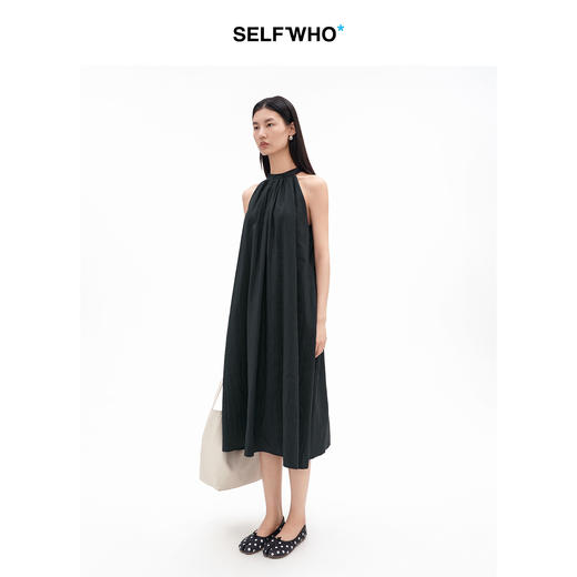 SELFWHO莫代尔混纺法式飘带挂脖连衣裙女2026夏新款压褶气质长裙 商品图2