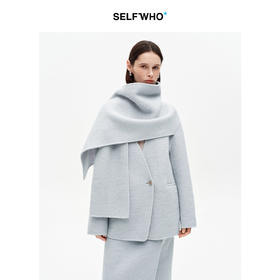 SELFWHO绵羊毛混纺围巾领毛呢外套女冬新款华服奖同款双面呢大衣
