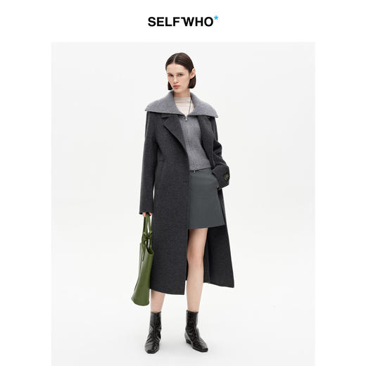 SELFWHO100%绵羊毛撞色毛织翻领双面呢外套女2025冬新款长款大衣 商品图0