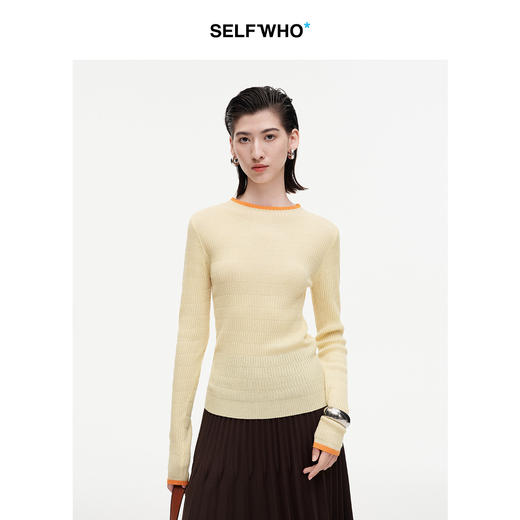 SELFWHO羊毛天丝混纺撞色打底衫女2026夏季新款正肩修身针织上衣 商品图0