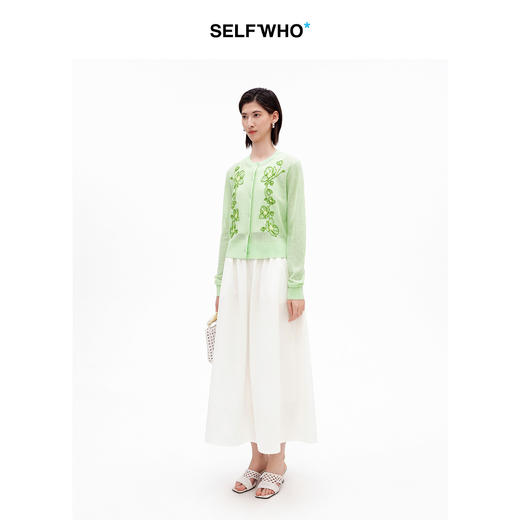 SELFWHO亚麻混纺复古绿绒蒿花型针织开衫女2026夏季新款正肩上衣 商品图1