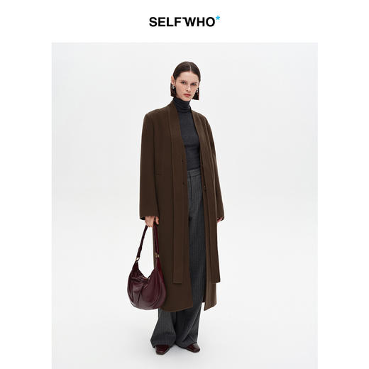 SELFWHO100%绵羊毛经典飘带领双面呢大衣女2025冬新款V领毛呢外套 商品图0