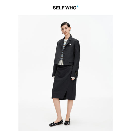 SELFWHO绵羊毛混纺枪驳领西装短外套女2026夏新款箱型宽松上衣 商品图1