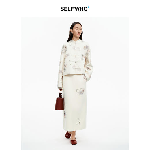 SELFWHO绵羊毛混纺新中式双面呢外套女2025冬季新款绿绒蒿花上衣 商品图2