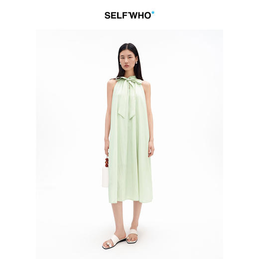SELFWHO莫代尔混纺法式飘带挂脖连衣裙女2026夏新款压褶气质长裙 商品图0