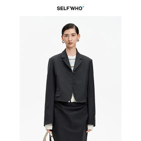 SELFWHO绵羊毛混纺枪驳领西装短外套女2026夏新款箱型宽松上衣