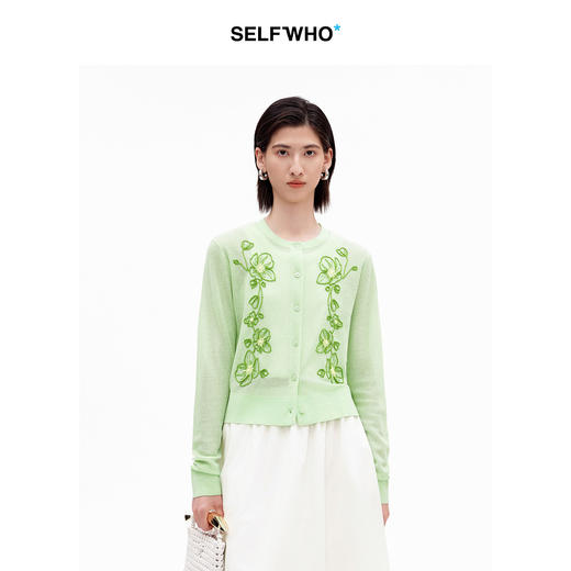 SELFWHO亚麻混纺复古绿绒蒿花型针织开衫女2026夏季新款正肩上衣 商品图0