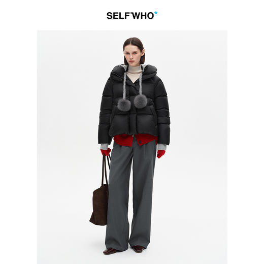 SELFWHO90白鸭绒黑色拼接连帽高领羽绒服女2025冬季新款保暖外套 商品图1