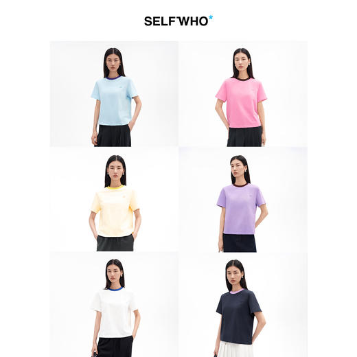 SELFWHO精梳棉撞色笑脸标短袖T恤女2026夏季新款宽松H型圆领上衣 商品图1