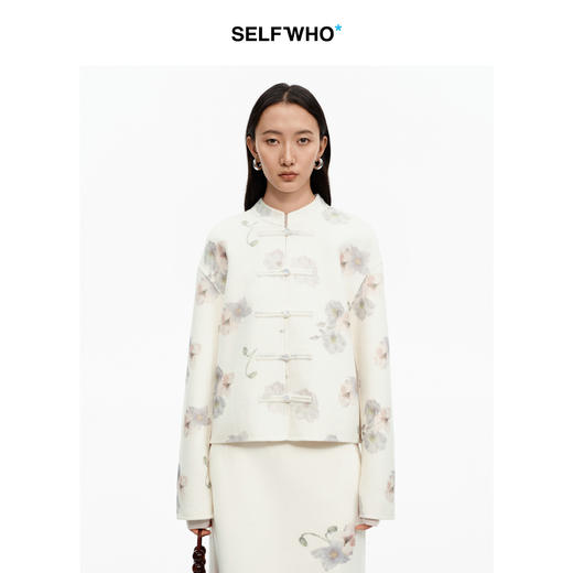 SELFWHO绵羊毛混纺新中式双面呢外套女2025冬季新款绿绒蒿花上衣 商品图0