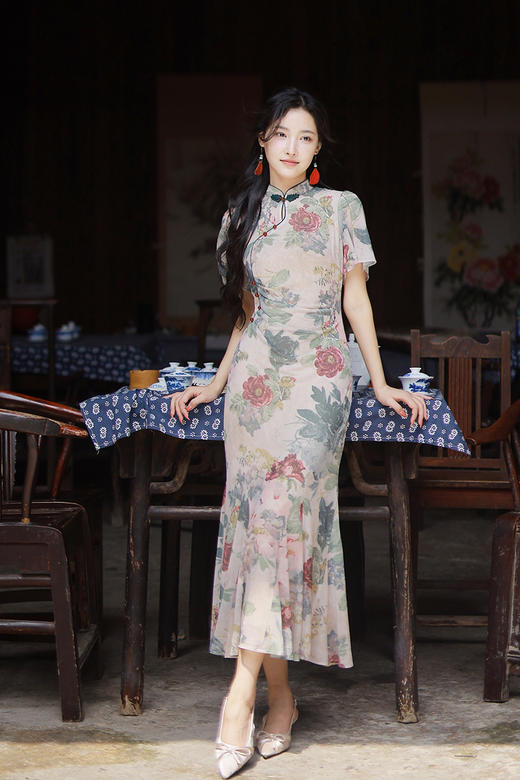 逸红颜明月优选｜『晚山茶』法式度假弹力网纱改良旗袍裙，遮小肚子，夏日凉爽神裙 商品图2